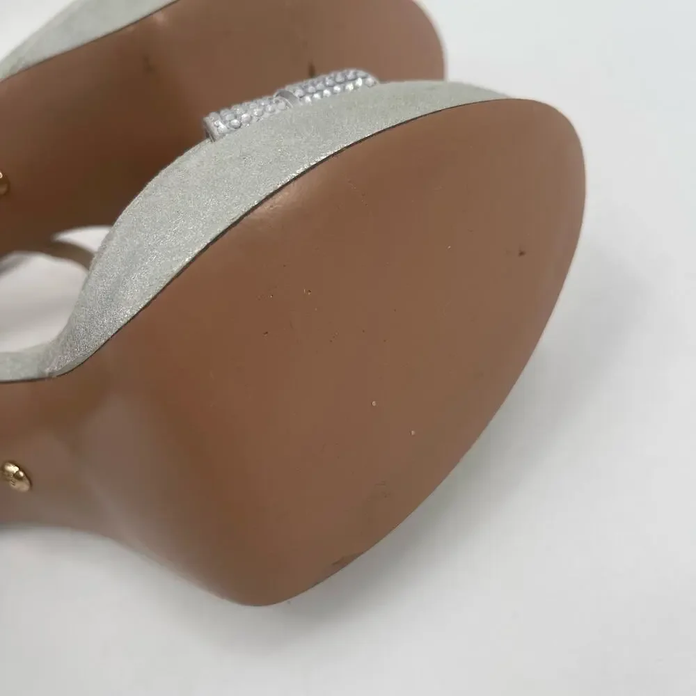 PELLE MODA Heels Size 8 Onora Platform Silver Rhinestone Crystals Strappy Ankle